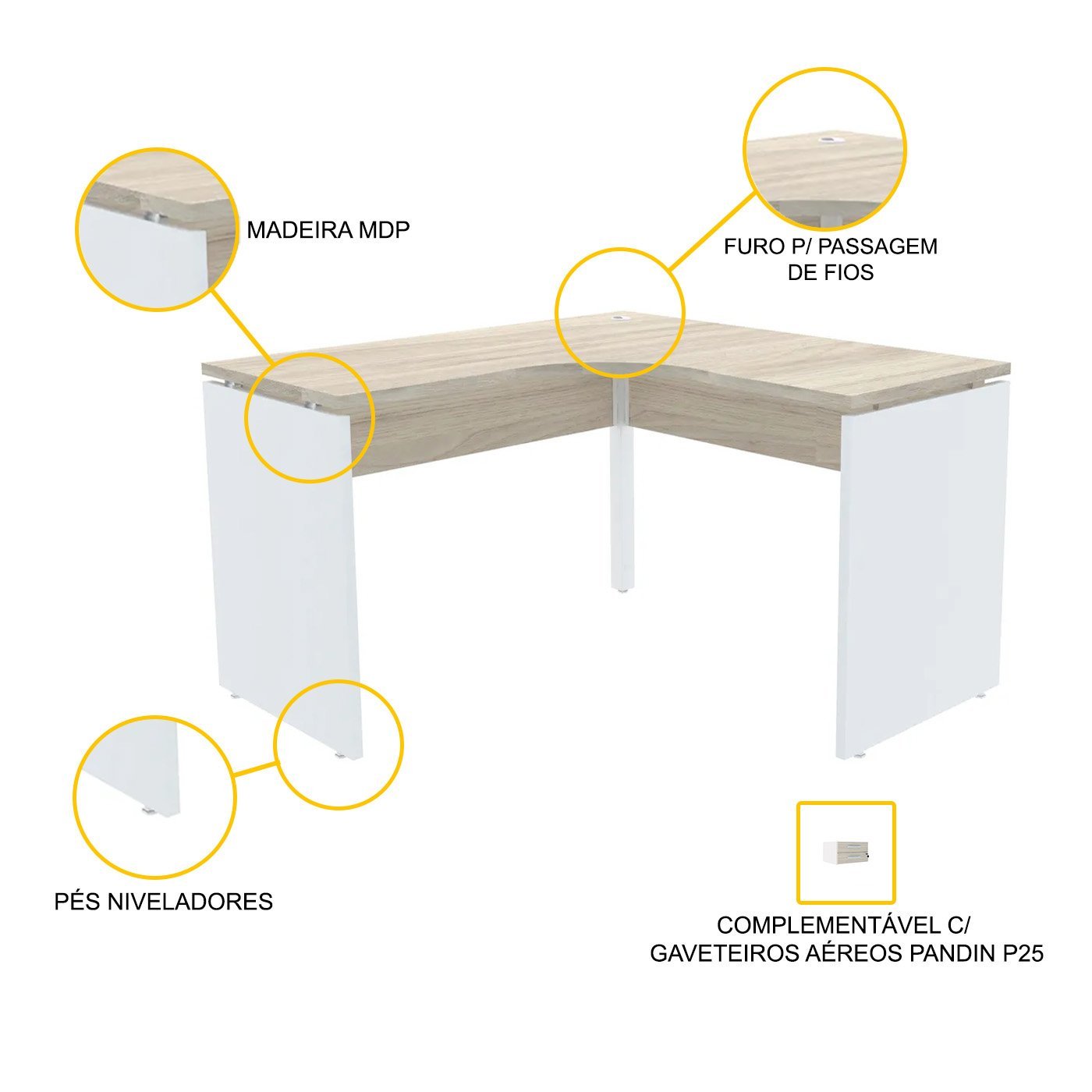 MESA EM L P/ ESCRITÓRIO 125X125 PANDIN P25 - NOGUEIRA/BRANCO ETP125125P25PP - 6