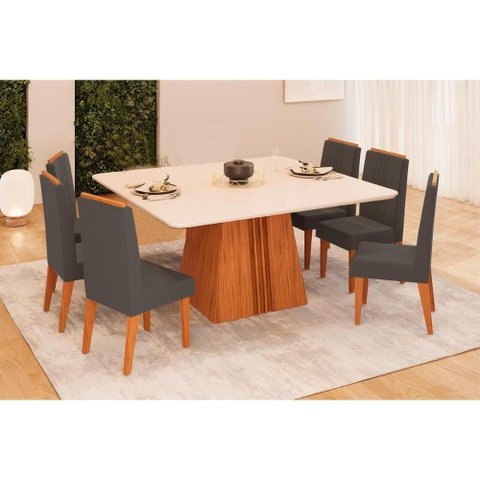 Sala de Jantar Completa Itália C/ Tampo Madeirado C/ Vidro Curvo 136x136cm e 6 Cadeiras Lia Freijo/
