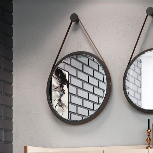 Espelho Decorativo Preto com Alça Marrom 67cm - Hb Móveis
