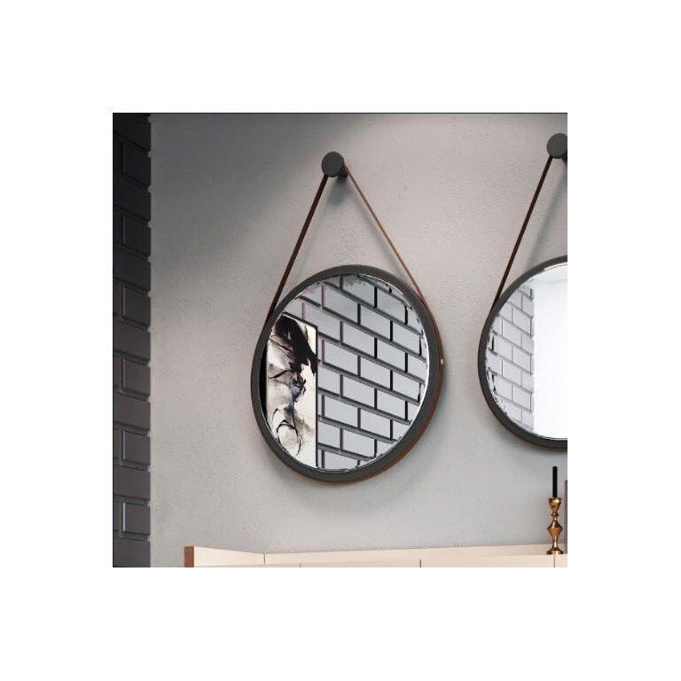 Espelho Decorativo Preto com Alça Marrom 67cm - Hb Móveis