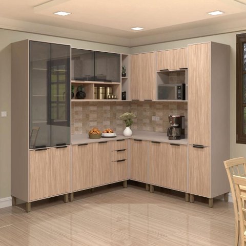 Armário Cozinha Completa Stylo 458cm Cristaleira e Paneleiro Cor:cumaru