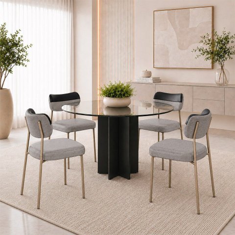 Kit 4 Cadeiras Sala de Jantar Lisa Pés Champanhe Linho/PU Cinza/Preto m² - Monari Design