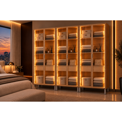 Cristaleira Intenza com 6 Portas Vidro Gaveta e LED Interno Roupeiro Closet Modulado Vidro:Freijo