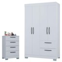 Ver imagem 2 de Cômoda 867 4 Gavetas e Guarda Roupa Solteiro Tóquio 4 Portas Branco Brilho - Poquema