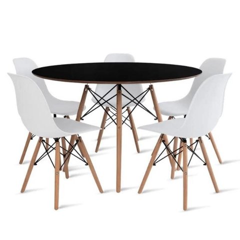 Conjunto de Mesa de Jantar Eames Eiffel Redonda 120cm Tampo de Madeira Preto com 5 Cadeiras Brancas