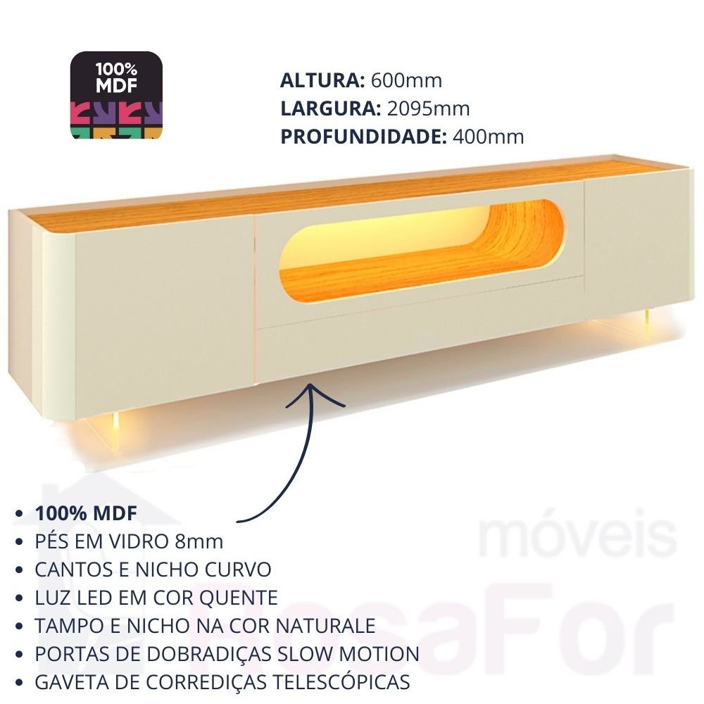 Rack para TV com LED Nobre 210 Pés em Vidro Off White Naturale - Gelius - 8