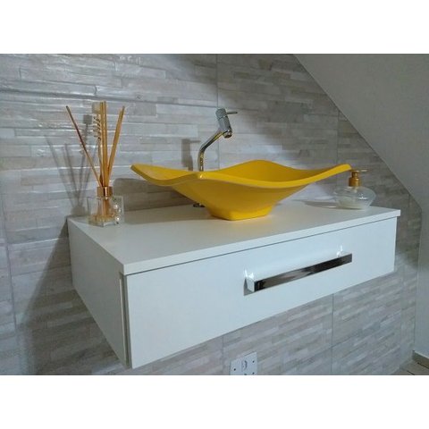 Gabinete p/ Banheiro c/Cuba Folha +Torneira+Cifão Kit Completo - Amarelo