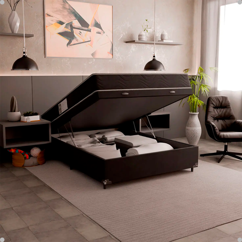 Cama Box Baú Casal + Colchão D33 One Face - 61x138x188cm - e-Shop Casa - Suede