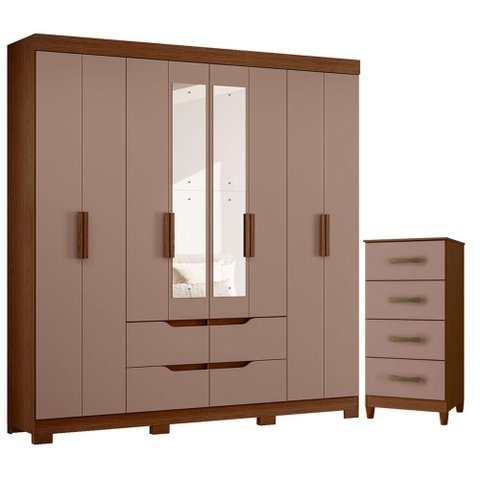 Guarda Roupa Casal Doble 08 Portas com Espelho e Cômoda Mobi Nogueira Capuccino - Móveis Albatroz