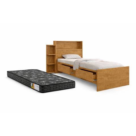Cama Solteiro com Colchão D23 Baú Gavetas e Prateleiras Multifuncional para Organização do Quarto