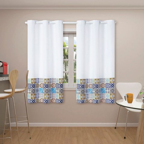 Cortina Para Cozinha 2,20m x 1,45m Ilhós Estampada Ladrilho