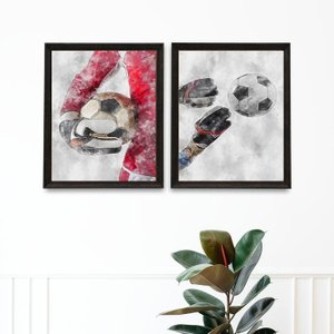 Kit 2 Quadros Aquarela Futebol Goleiro 24x18cm - com Vidro:madeira Branca