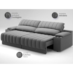 Sofá com Porta Copos Carregador USB Ret Rec Murano 2,50m Velosuede Grafite - NETSOFAS - 5