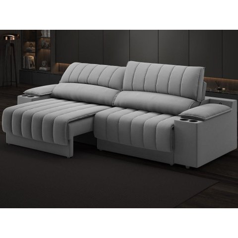 Sofá com Porta Copos Carregador USB Ret Rec Murano 2,50m Velosuede Grafite - NETSOFAS