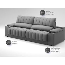 Sofá com Porta Copos Carregador USB Ret Rec Murano 2,50m Velosuede Grafite - NETSOFAS - 3