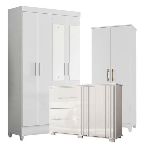 Guarda Roupa com Espelho Infantil Sobral com Cômoda Texas e Armário Multiuso Jade Branco Brilho – Mo