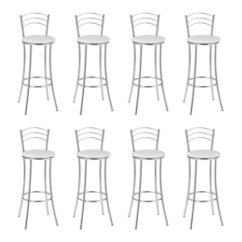 Kit 8 Banquetas Altas Cromadas com Assento Estofado e Encosto para Bancada Cozinha Cromado/Branco