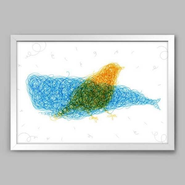 Quadro Animal Pássaro Emaranhado - 45x30cm - Moldura Caixa Branco - 1