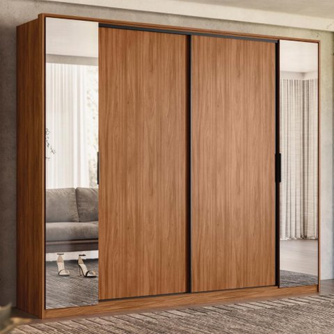 Guarda Roupa Casal 4 Portas com Espelho e 4 Gavetas Laredo - Nogueira/nude Prime Tx