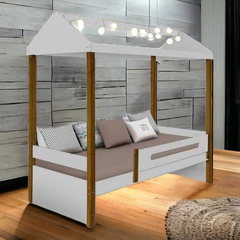 Cama Casa Solt. Lara Branco/Mel c/ LED e Colchão