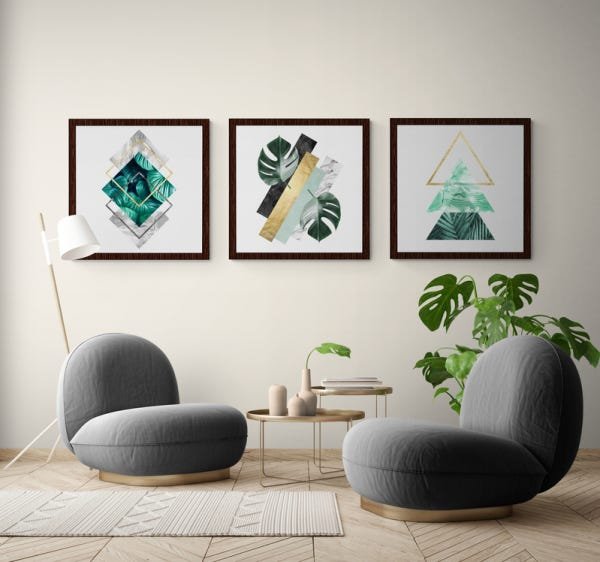 Quadro Folhagens Geométricos Costela de Adão G 3 Moldura Tabaco - 1