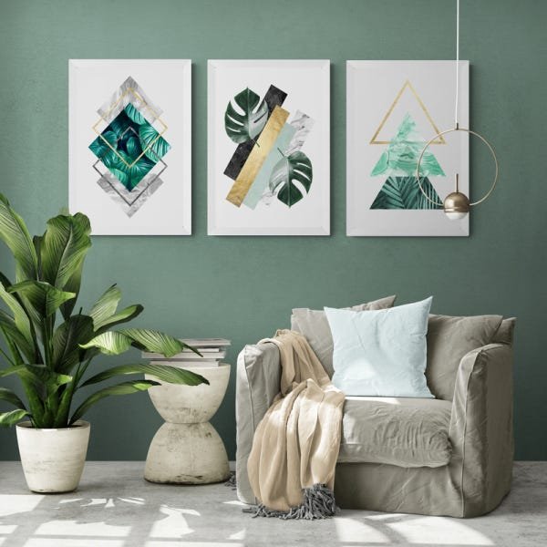 Quadro Folhagens Geométricos Costela de Adão Moldura Branca - 1