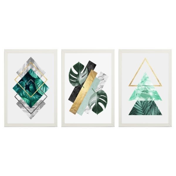 Quadro Folhagens Geométricos Costela de Adão Moldura Branca - 2