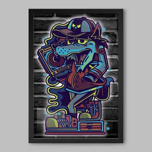 Quadro Grafitti Lobo Hip Hop - 20x30cm - Moldura Caixa Preto - 1