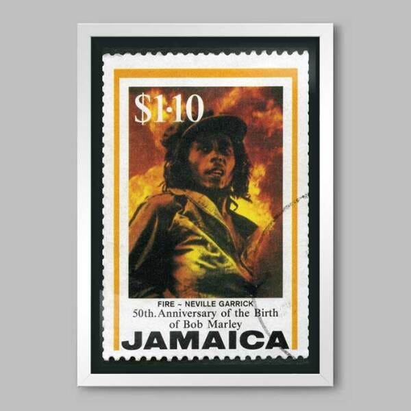 Quadro Bob Marley Selo Comemorativo Jamaica - 45x30cm - Moldura Caixa Branco - 1