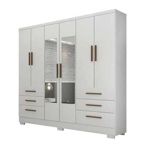 Guarda Roupa Solteiro com Espelho com Pés 6 Portas 6 Gavetas - Encant-Branco - Móveis Novo Horizonte