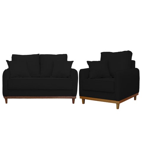Kit Poltrona e Sofa Sena 2 Lugar Base de Madeira para Sala Hotel Linho Preto