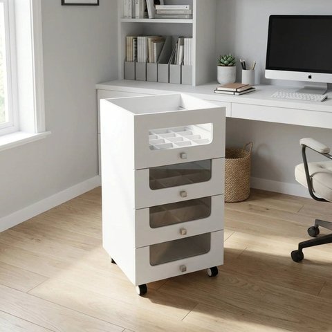 Gaveteiro Organizador Multiuso 4 Gavetas com Vidro e Rodízios 45 x 84cm Branco