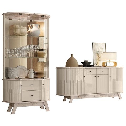Aparador para Sala Buffet Mônaco e Cristaleira Moss Calacata Off White – Madetec