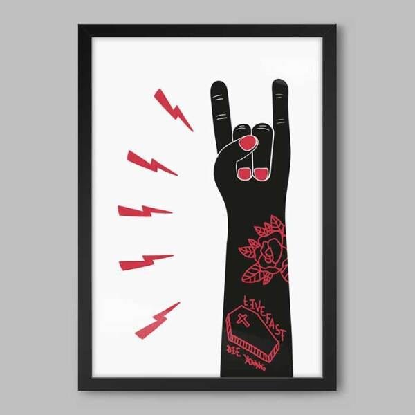 Quadro Mão Chifrada Rock Tatoo - 20x30cm - Moldura Caixa Preto - 1