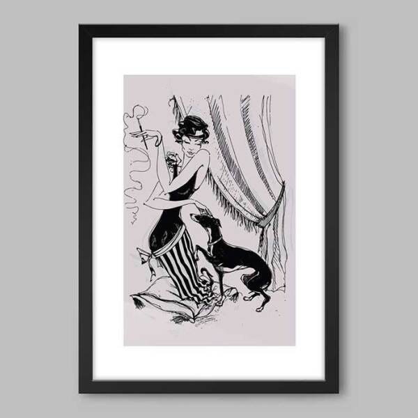 Quadro Mulher High Society Nanquim - 45x30cm - Moldura Caixa Preto - 1