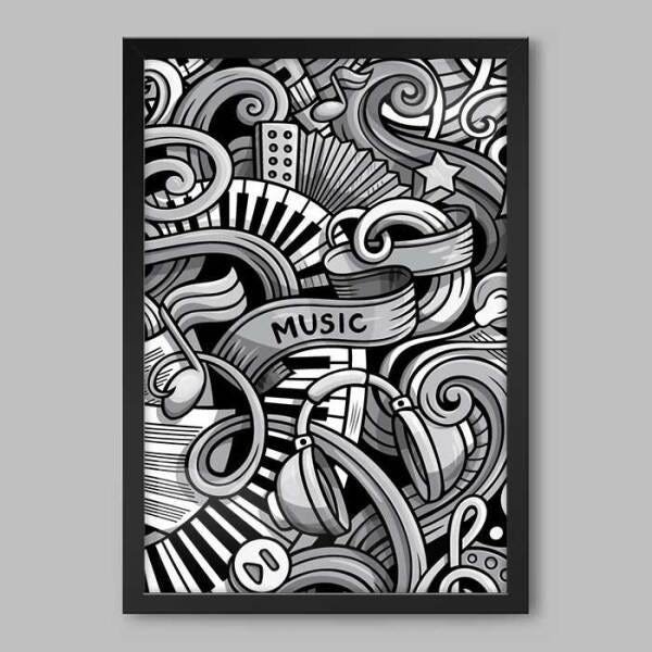 Quadro Music Elementos P&B - 45x30cm - Moldura Caixa Preto - 1