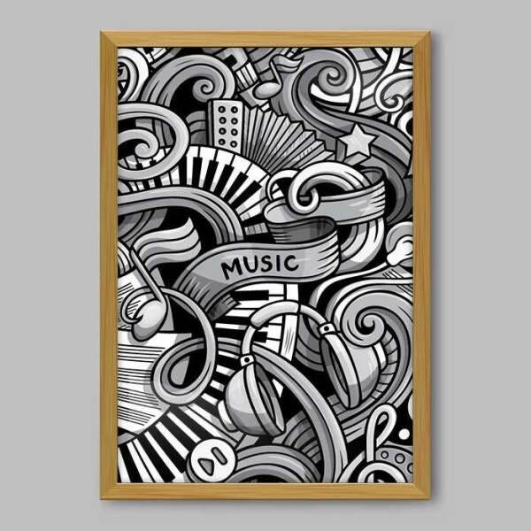 Quadro Music Elementos P&B - 45x30cm - Moldura Caixa Madeira - 1