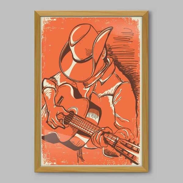 Quadro Sertanejo Violão Ilustração - 45x30cm - Moldura Caixa Madeira - 1