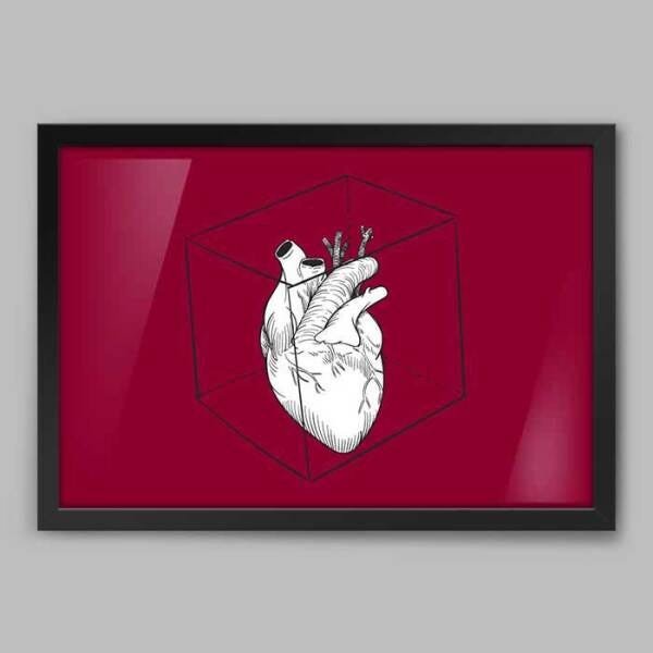 Quadro Ilustração Coração in Box Vermelho - 45x30cm - Moldura Caixa Preto - 1