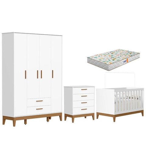 Quarto de Bebê Flip Guarda Roupa 4 Portas Branco Acetinado com Colchão Gazin - Reller