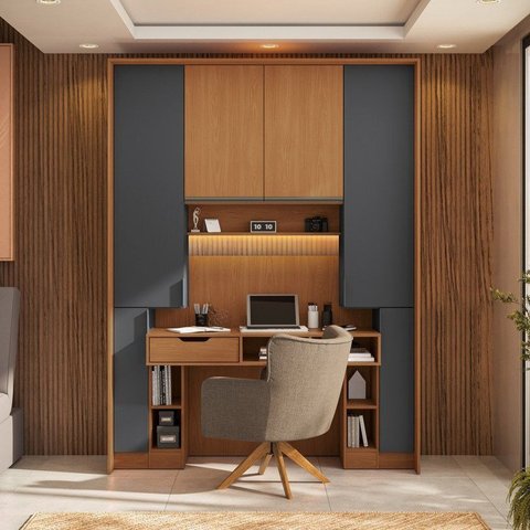 Conjunto de Escritório Completo com LED 7 Peças 6 Portas 173CMX52,5CMX230CM Linha Liga Modulado