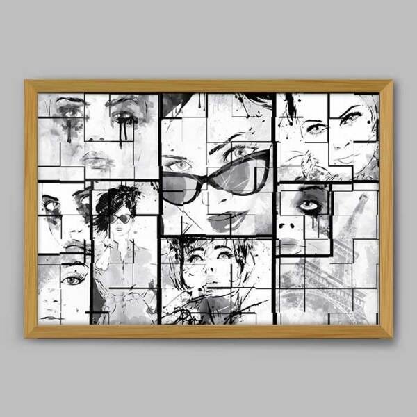 Quadro Colagem Rostos Femininos - 20x30cm - Moldura Caixa Madeira - 1