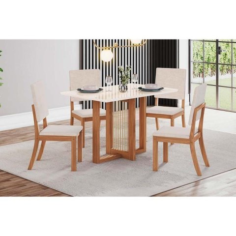 Sala de Jantar Completa Natalí C- Tampo Madeirado C- Vidro Reto 120x80cm e 4 Cadeiras Milla Nature-