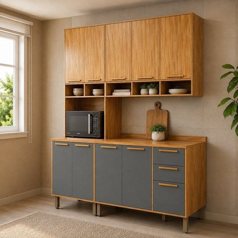 Cozinha Modulada Compacta 3 Peças 10 Portas MDF 190cm Malta Espresso Móveis Cinza/Amêndoa/Platina
