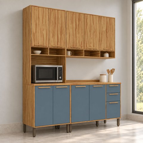 Cozinha Modulada Compacta 3 Peças 10 Portas MDF 190cm Malta Espresso Móveis Cinza/Amêndoa/Platina