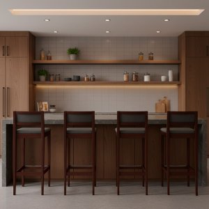 Kit 4 Banquetas Assento Encosto Estofado em Linho Hellen:imbuia com Linho Chumbo