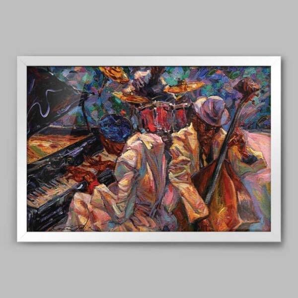 Quadro Musica Jazz Band - 45x30cm - Moldura Caixa Branco - 1