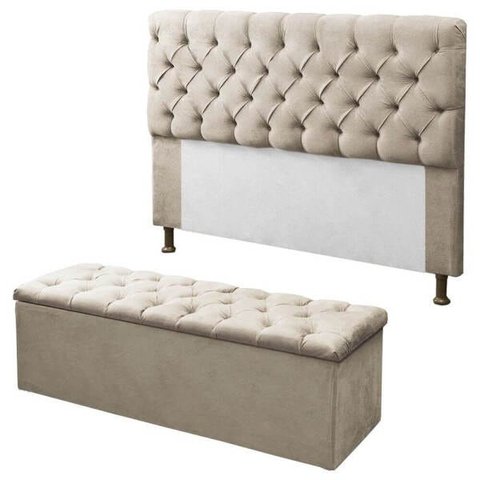 Kit Cabeceira + Calçadeira Baú Mirage Solteiro 100cm Suede - Renascer Decor:Bege