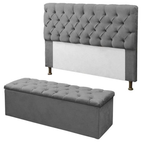 Kit Cabeceira + Calçadeira Baú Mirage Solteiro 100cm Suede - Renascer Decor:Cinza
