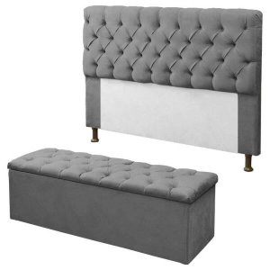 Kit Cabeceira + Calçadeira Baú Mirage Queen Size 160cm:Cinza